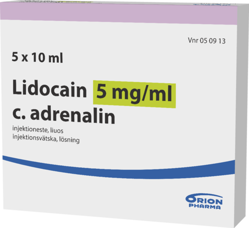 LIDOCAIN C. ADRENALIN 5 mg/ml + 10 mikrog/ml injektioneste, liuos 5 x 10 ml