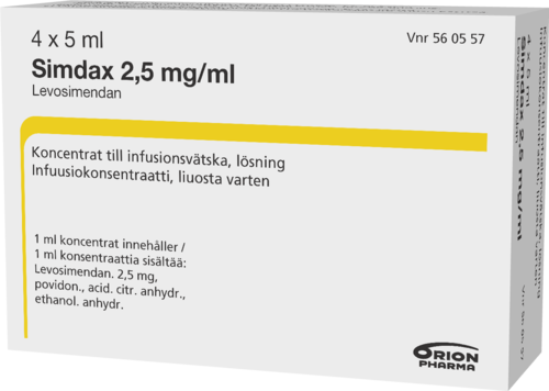 SIMDAX 2,5 mg/ml infuusiokonsentraatti, liuosta varten 4 x 5 ml