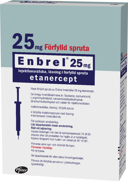 ENBREL injektiokuiva-aine ja liuotin, liuosta varten 10 mg, 25 mg, injektioneste, liuos, esitäytetty kynä 25 mg, 50 mg, injektioneste, liuos, esitäytetty ruisku 25 mg, 50 mg 25 mg injektioneste, liuos, esitäytetty ruisku 4 x 25 mg