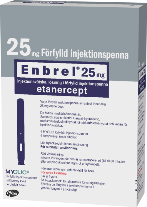 ENBREL injektiokuiva-aine ja liuotin, liuosta varten 10 mg, 25 mg, injektioneste, liuos, esitäytetty kynä 25 mg, 50 mg, injektioneste, liuos, esitäytetty ruisku 25 mg, 50 mg 25 mg injektioneste, liuos, esitäytetty kynä 4 x 25 mg