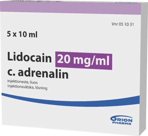 LIDOCAIN C. ADRENALIN 20 mg/ml + 5 mikrog/ml injektioneste, liuos 5 x 10 ml