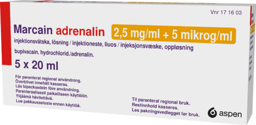 MARCAIN ADRENALIN 2,5 mg/ml + 5 mikrog/ml injektioneste, liuos 5 x 20 ml