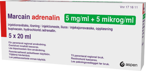 MARCAIN ADRENALIN 5 mg/ml + 5 mikrog/ml injektioneste, liuos 5 x 20 ml