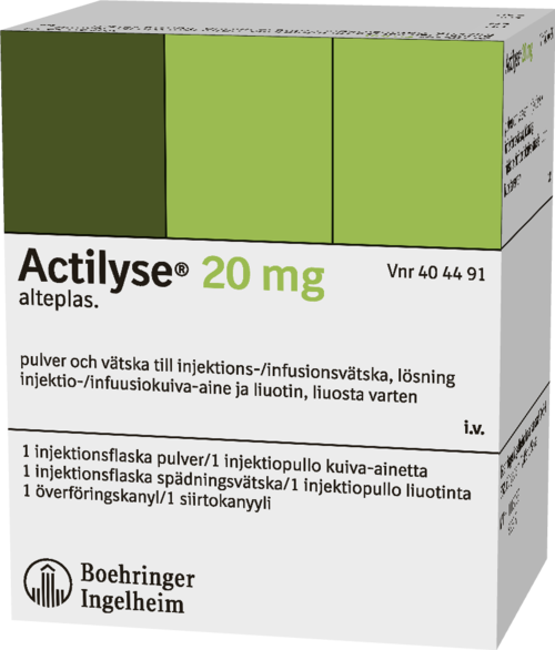 ACTILYSE 20 mg injektio-/infuusiokuiva-aine ja liuotin, liuosta varten 1 x 20 mg