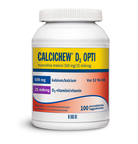 CALCICHEW D3 OPTI MANSIKKA-MELONI purutabletti 500 mg/25 mikrog 100 kpl