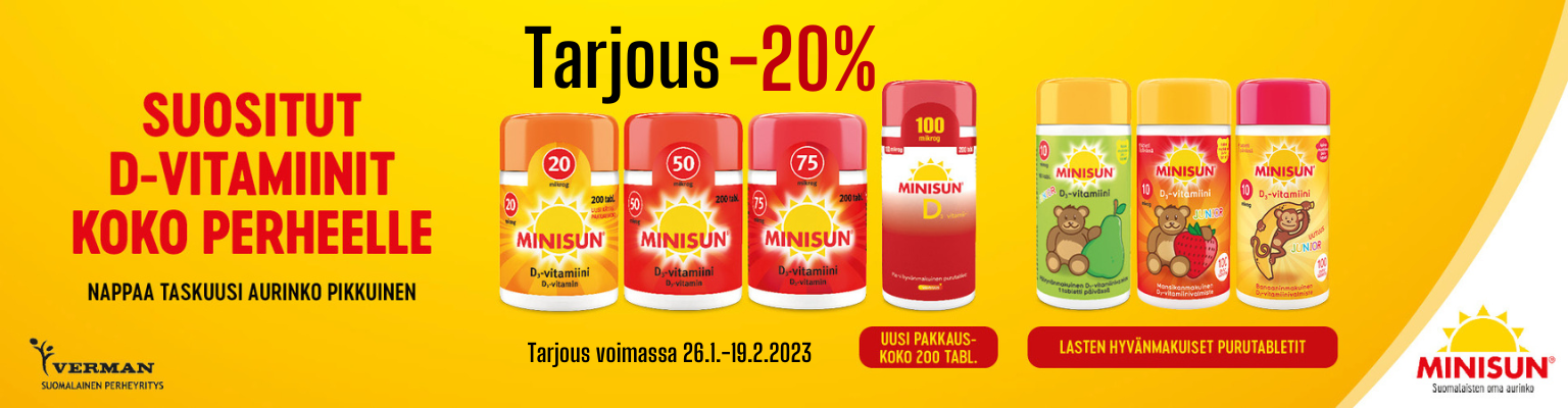 Verman Minisun suositut D-vitamiinit koko perheelle. Tarjouksessa -20%. 26.1.-19.2.2023.